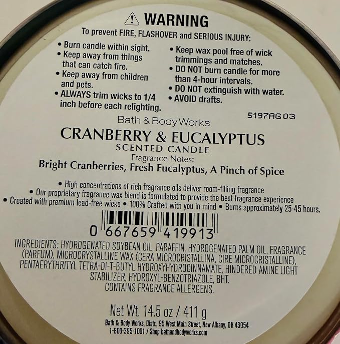 CRANBERRY & EUCALYPTUS Bath & Body Works 3 Wick Candle alternate view 2