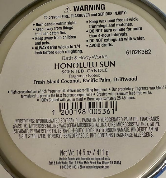 HONOLULU SUN Bath & Body Works 3 Wick Candle alternate view 2