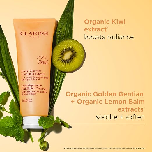 CLARINS One-Step Gentle Exfoliating Cleanser skincare benefits graphic for a luxury facial cleansing routine