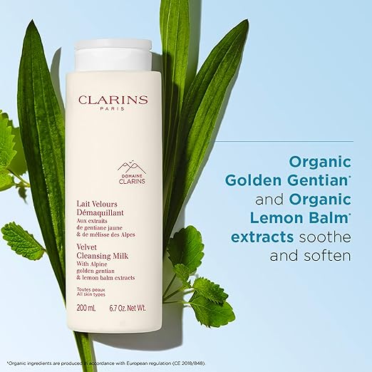CLARINS Velvet Cleansing Milk skincare benefits graphic for a luxury facial cleansing routine