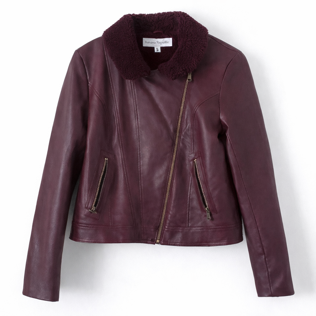 New York & Company Burgundy Faux Leather Moto Jacket Women’s Small Like New | My Wrinkles Gone