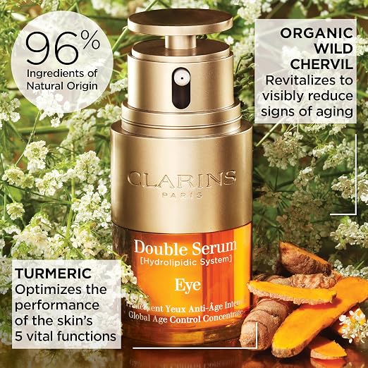 CLARINS Double Serum Eye skincare benefits graphic for eye care and smoother-looking eyes
