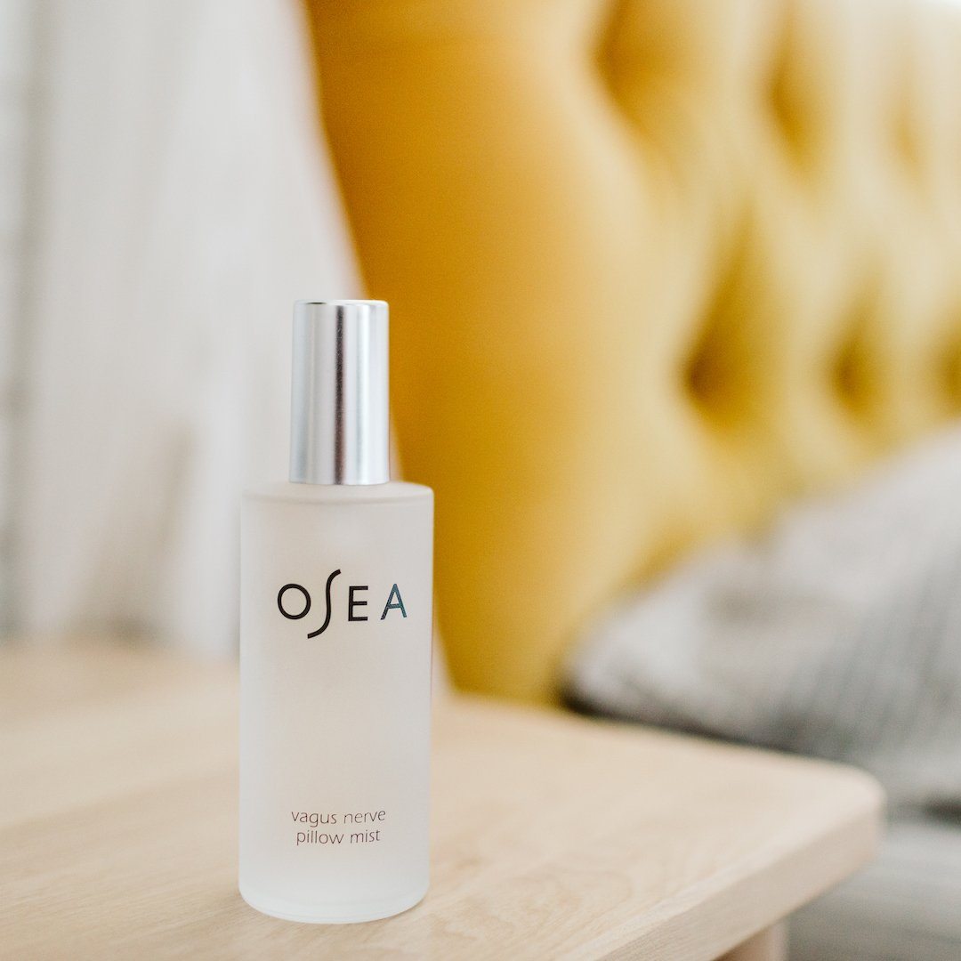 OSEA Vagus Nerve Pillow Mist on nightstand for bedtime relaxation