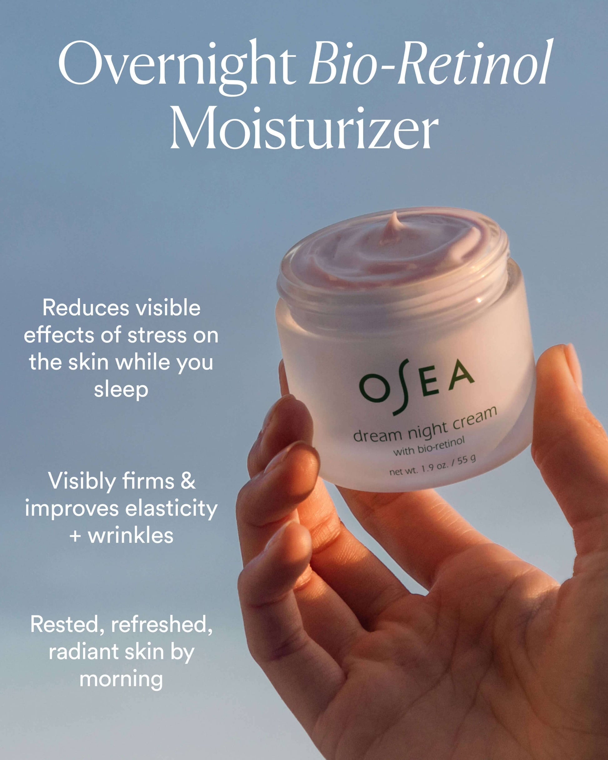 OSEA Dream Night Cream with Bio-Retinol benefits and routine image for OSEA clean beauty shoppers at My Wrinkles Gone