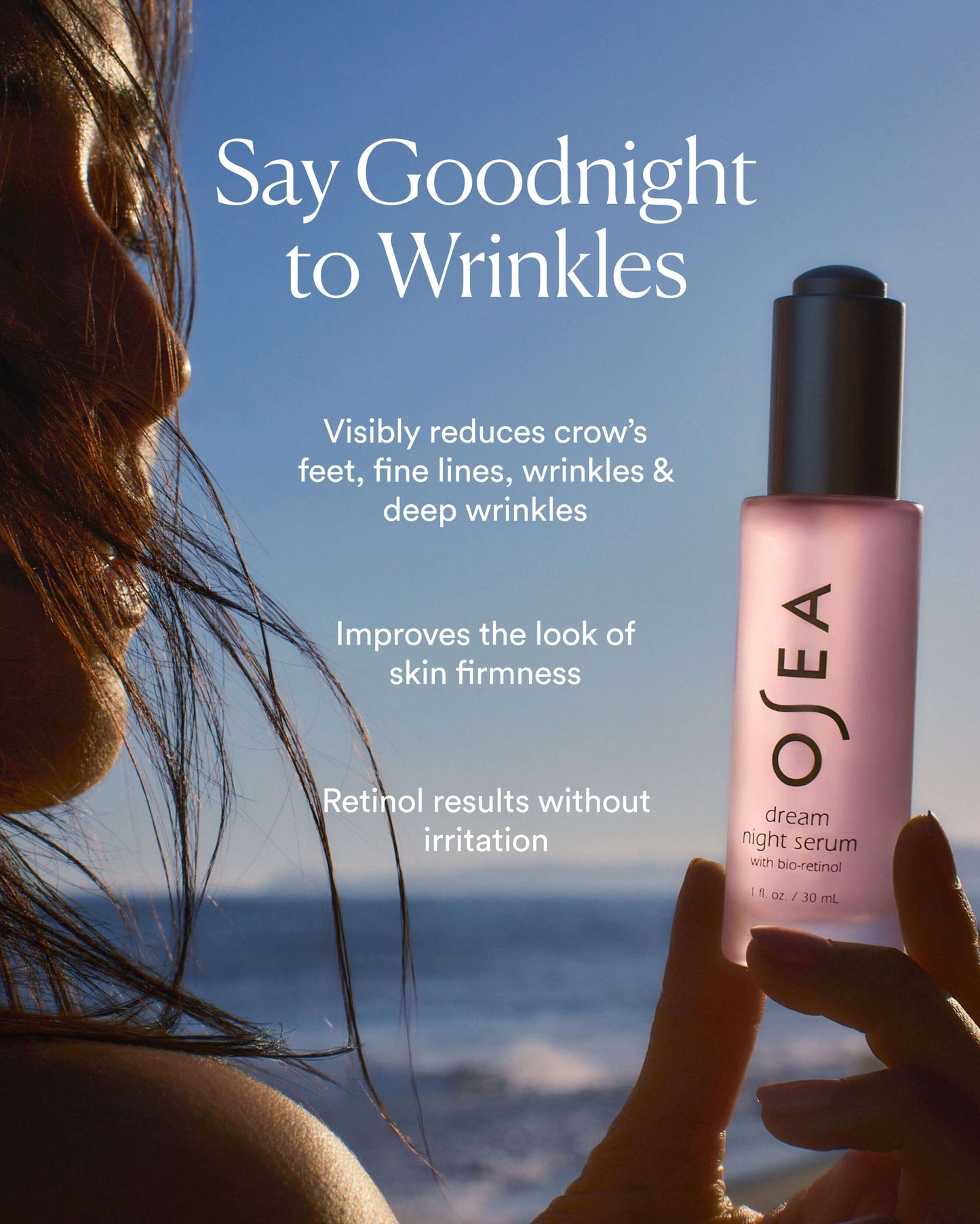 OSEA Dream Night Serum with Bio-Retinol ingredients or lifestyle product image for OSEA clean beauty shoppers at My Wrinkles Gone