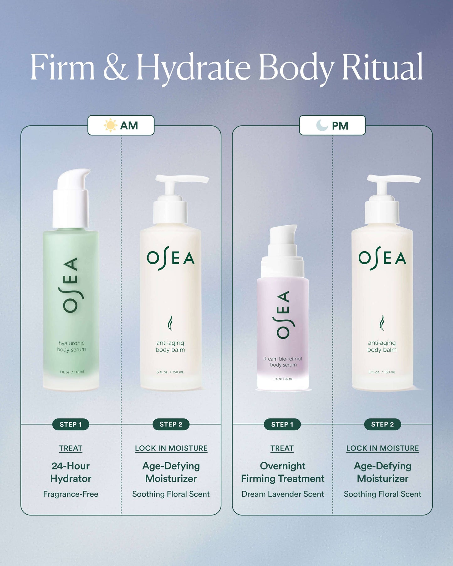 OSEA Firm and Hydrate Body Trio day and night body care regimen
