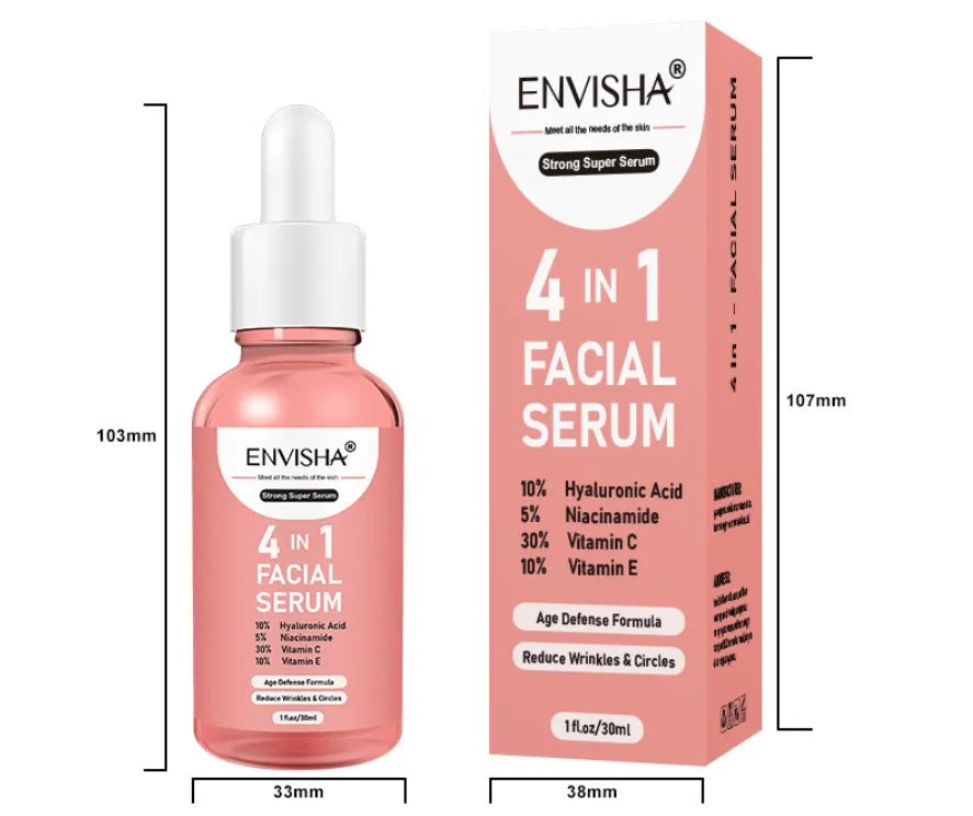 Envisha 4 in 1 Facial Serum bottle and packaging with dimensions on a white background
