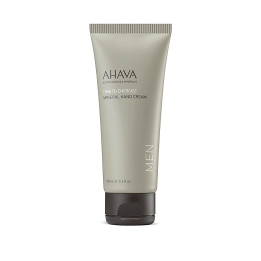 Luxury AHAVA Men’s Mineral Hand Cream featuring Dead Sea minerals and fast-absorbing hydration for dry hands and daily men’s grooming routines.