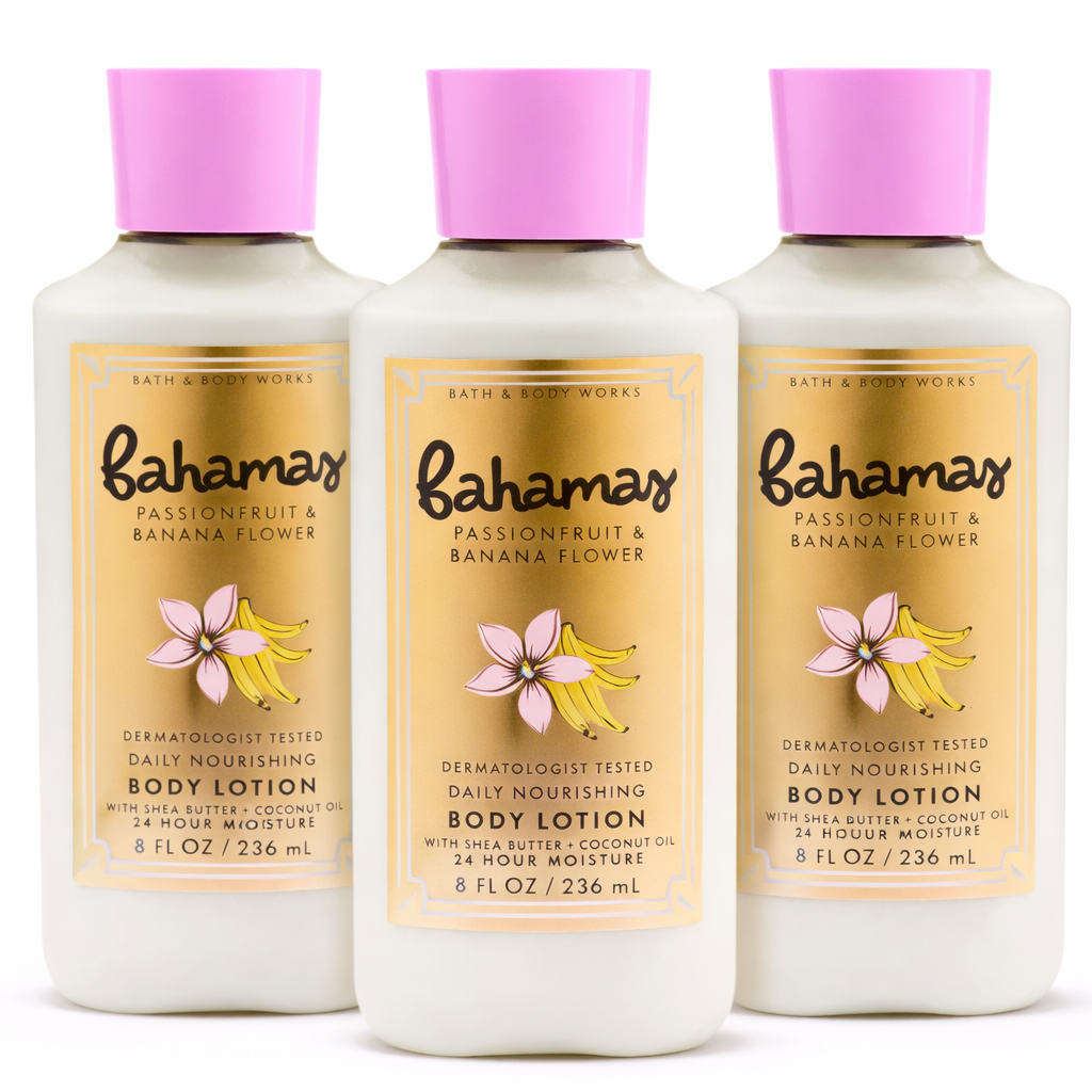 Bath & Body Works BAHAMAS PASSIONFRUIT BANANA FLOWER Body Lotion 3 Pack 8 oz daily nourishing moisturizer with shea butter and coconut oil hydrating skincare bundle women | My Wrinkles Gone