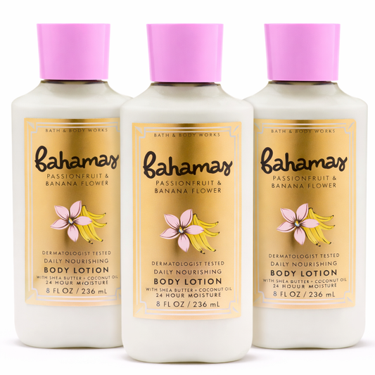 Bath & Body Works BAHAMAS PASSIONFRUIT BANANA FLOWER Body Lotion 3 Pack 8 oz daily nourishing moisturizer with shea butter and coconut oil hydrating skincare bundle women | My Wrinkles Gone