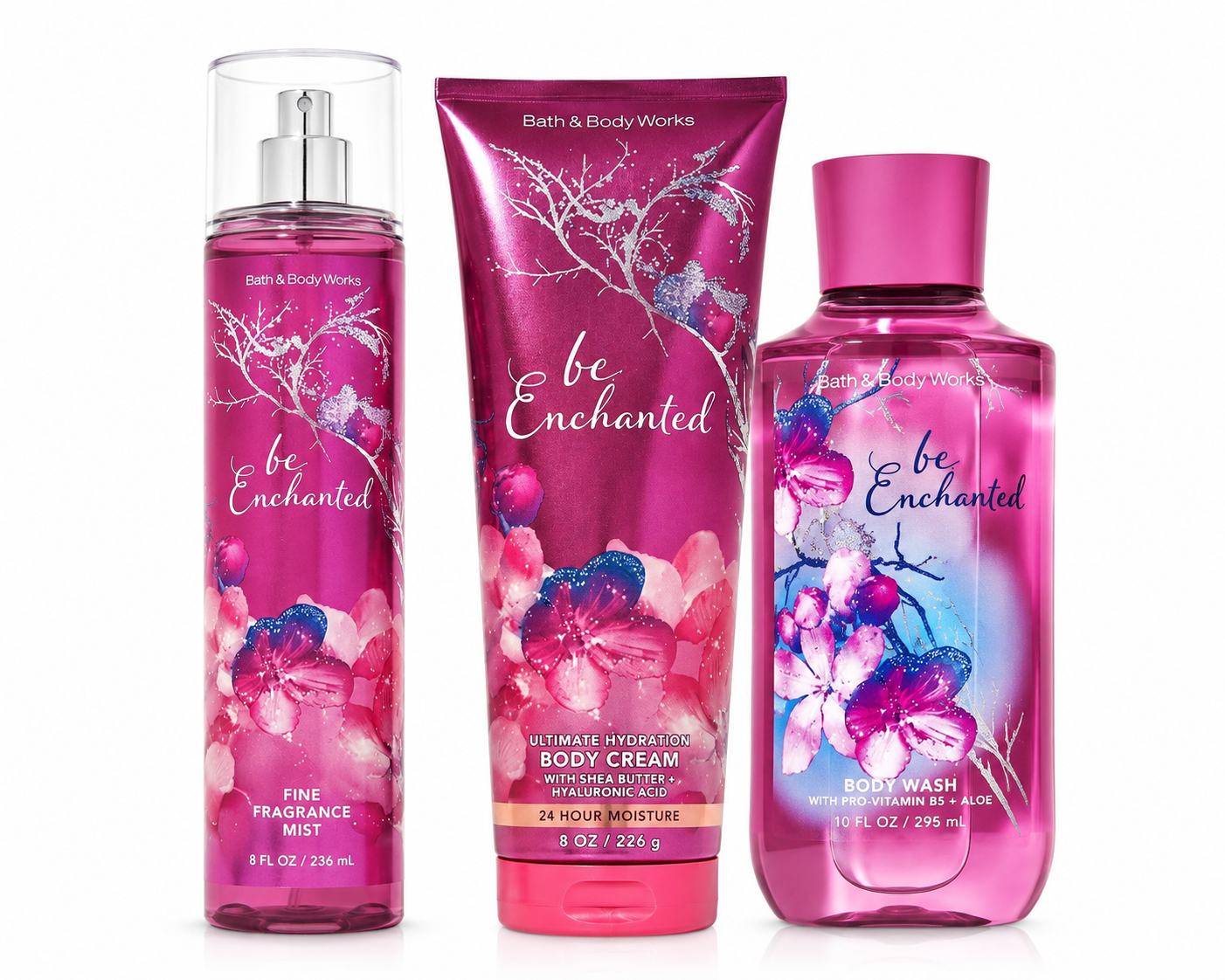 Bath & Body Works BE ENCHANTED 3-Step Body Care Set featuring Fine Fragrance Mist, Ultimate Hydration Body Cream and Body Wash with sparkling berries, frosted florals and creamy vanilla musk on a pure white background