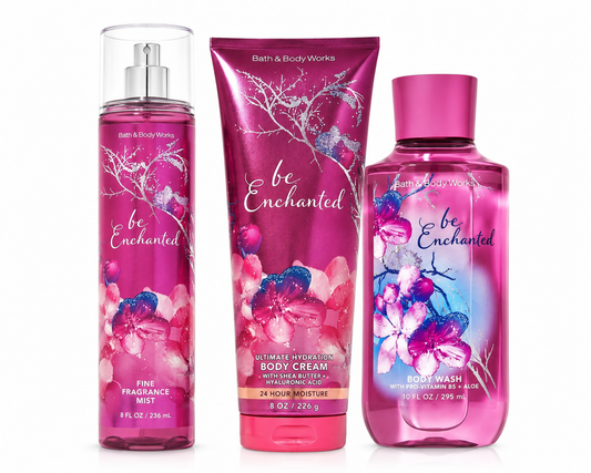 Bath & Body Works BE ENCHANTED 3-Step Body Care Set featuring Fine Fragrance Mist, Ultimate Hydration Body Cream and Body Wash with sparkling berries, frosted florals and creamy vanilla musk on a pure white background