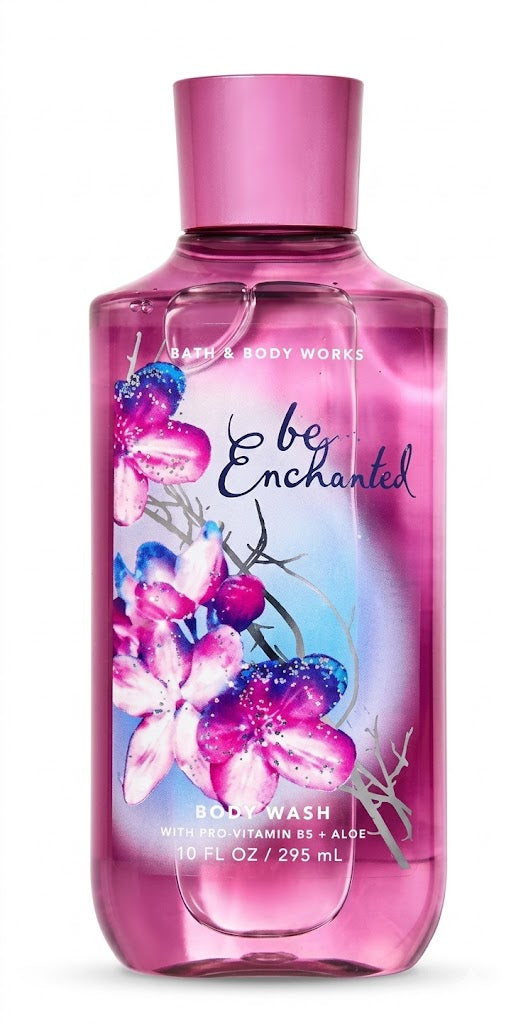 Bath & Body Works BE ENCHANTED Body Wash 10 oz single bottle featuring sparkling berries, frosted florals and creamy vanilla musk with Pro-Vitamin B5 and Aloe on a pure white background