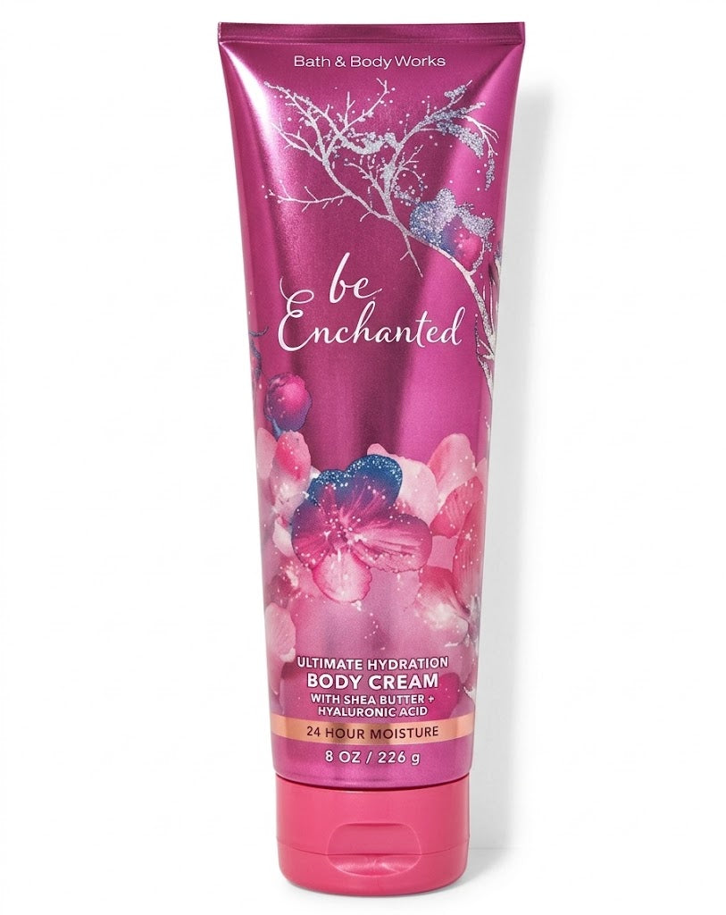Bath & Body Works BE ENCHANTED Body Wash 10 oz single bottle featuring sparkling berries, frosted florals and creamy vanilla musk with Pro-Vitamin B5 and Aloe on a pure white background
