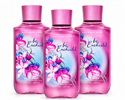 Bath & Body Works BE ENCHANTED Body Wash 3-Pack 10 oz bottles arranged in MWG style with one bottle in front and two slightly behind featuring sparkling berries, enchanting pink florals and soft vanilla musk with Pro-Vitamin B5 and Aloe on a pure white background for gifting and everyday use