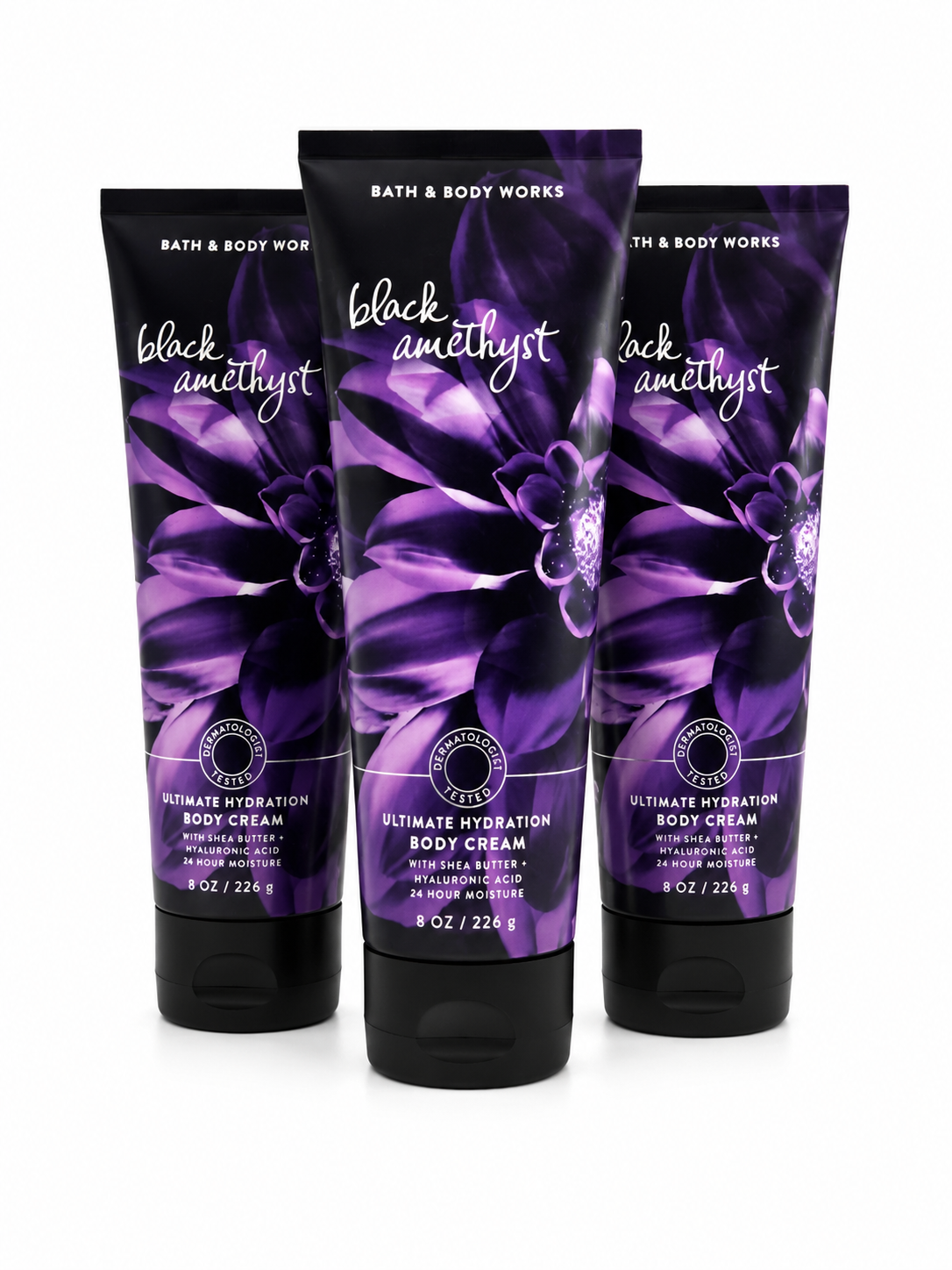 Bath & Body Works BLACK AMETHYST Ultimate Hydration Body Cream 3-Pack featuring luxurious berry, floral and woody fragrance notes with Shea Butter and Hyaluronic Acid on a pure white background