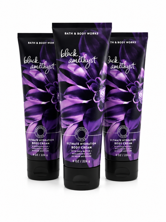Bath & Body Works BLACK AMETHYST Ultimate Hydration Body Cream 3-Pack featuring luxurious berry, floral and woody fragrance notes with Shea Butter and Hyaluronic Acid on a pure white background