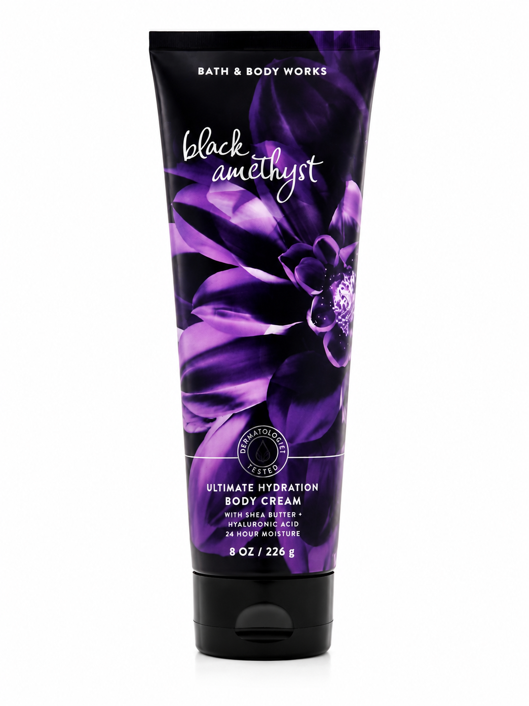 Bath & Body Works BLACK AMETHYST Ultimate Hydration Body Cream 8 oz single tube with blackberry, peony, patchouli and sandalwood fragrance notes on a pure white background