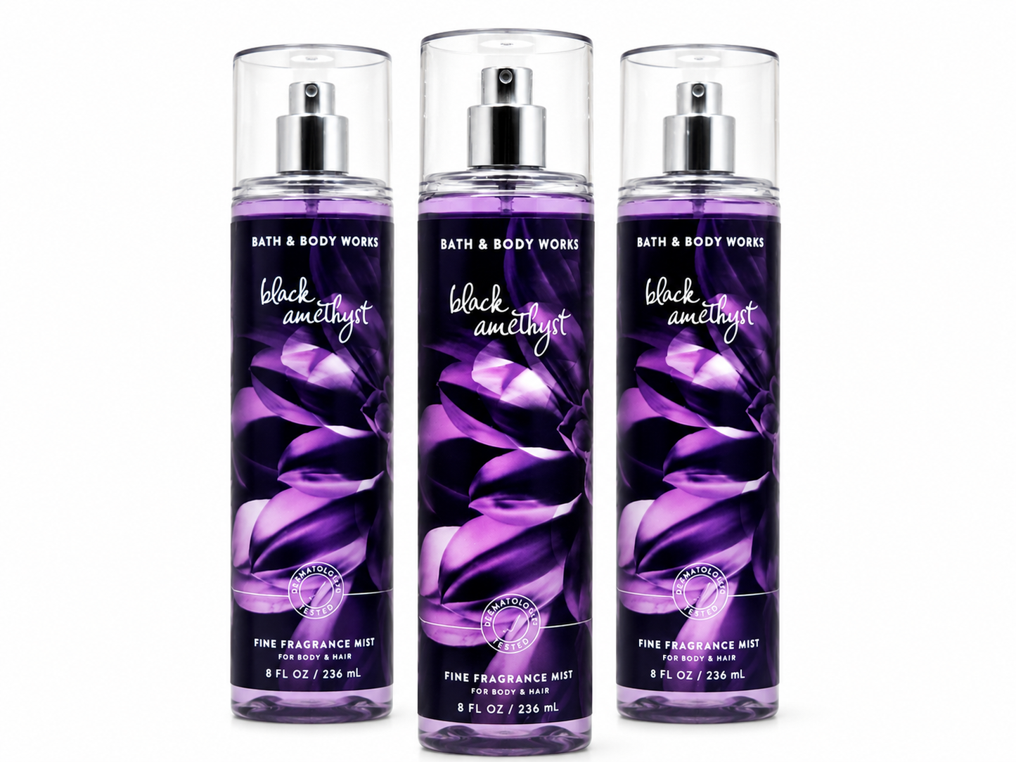 Bath & Body Works BLACK AMETHYST Fine Fragrance Mist 3-Pack featuring a luxurious blend of rich berries, peony, sandalwood and patchouli in 8 oz bottles on a pure white background