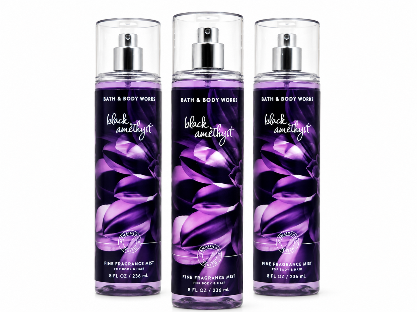 Bath & Body Works BLACK AMETHYST Fine Fragrance Mist 3-Pack featuring a luxurious blend of rich berries, peony, sandalwood and patchouli in 8 oz bottles on a pure white background