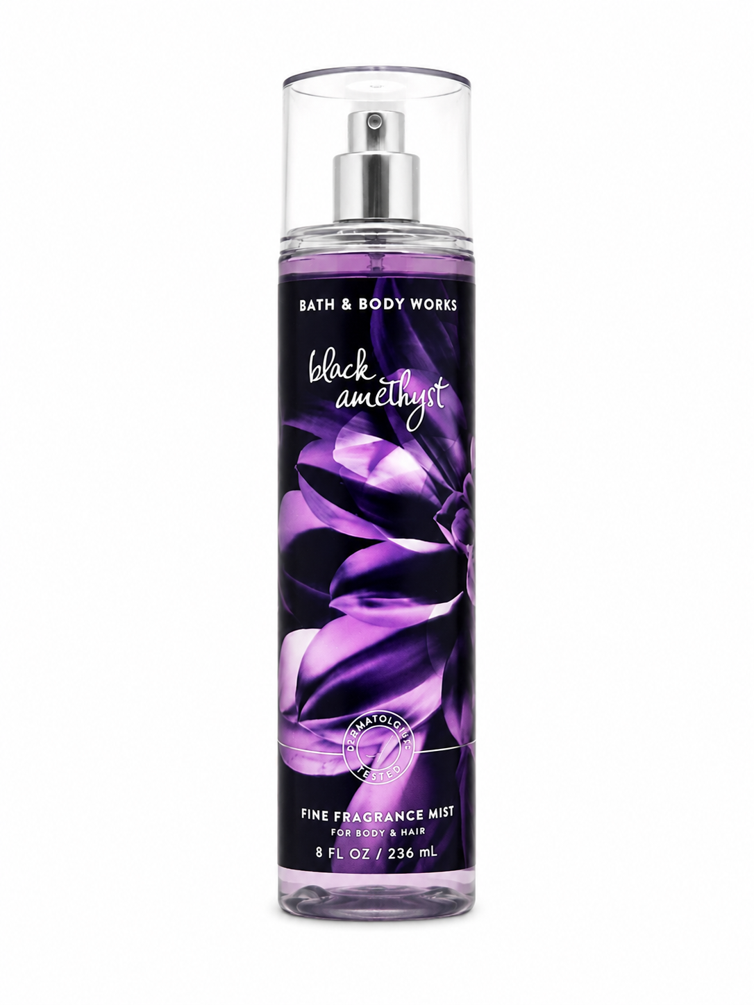 Bath & Body Works BLACK AMETHYST Fine Fragrance Mist 8 oz single bottle with elegant berry, floral and sandalwood fragrance notes on a pure white background