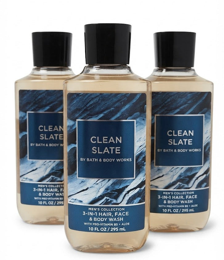Bath & Body Works CLEAN SLATE Men’s 3-in-1 Hair Face & Body Wash 3-Pack, three 10 oz bottles with clean masculine scent