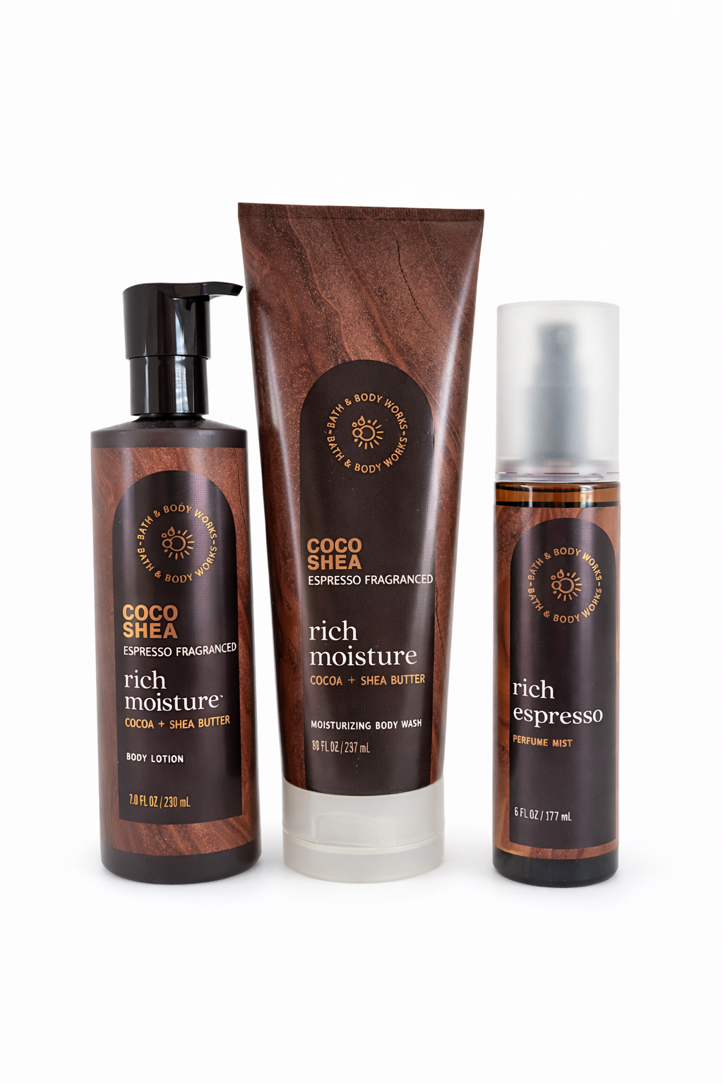 Bath & Body Works Coco Shea Espresso body care set 3 pack lotion body wash perfume mist coffee scent bundle My Wrinkles Gone