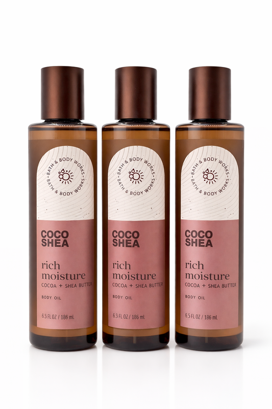 Bath & Body Works Coco Shea Rich Moisture body oil 3 pack 6.3 oz 186 ml cocoa shea butter hydrating body oil bundle My Wrinkles Gone
