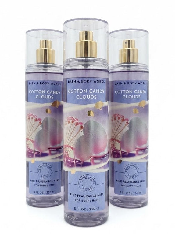 Bath & Body Works COTTON CANDY CLOUDS Fine Fragrance Mist 3-Pack, three 8 oz bottles with sweet cotton candy-inspired fragrance