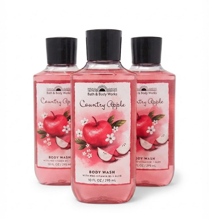 Bath & Body Works COUNTRY APPLE Body Wash 3-Pack, three 10 oz bottles with fresh apple fragrance