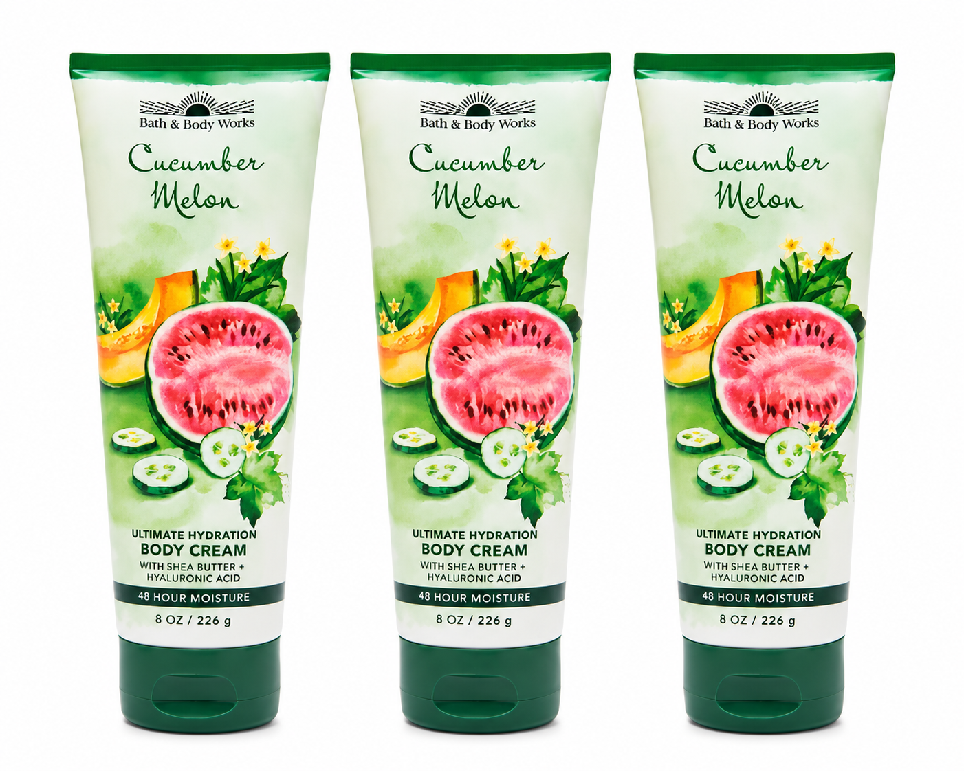 Bath & Body Works CUCUMBER MELON Ultimate Hydration Body Cream 3-Pack 8 oz tubes featuring refreshing cucumber and sweet melon fragrance with Shea Butter and Hyaluronic Acid on a pure white background for gifting and everyday hydration