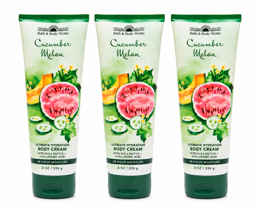 Bath & Body Works CUCUMBER MELON Ultimate Hydration Body Cream 3-Pack 8 oz tubes featuring refreshing cucumber and sweet melon fragrance with Shea Butter and Hyaluronic Acid on a pure white background for gifting and everyday hydration
