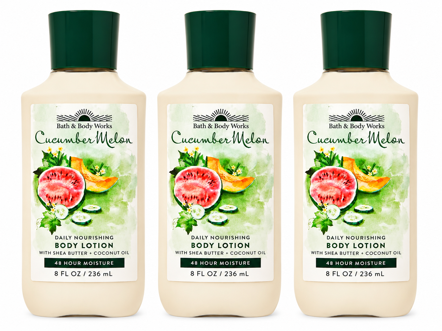 Bath & Body Works CUCUMBER MELON Daily Nourishing Body Lotion 3-Pack 8 oz bottles featuring refreshing cucumber and sweet melon fragrance with Shea Butter and Coconut Oil on a pure white background for gifting and everyday hydration