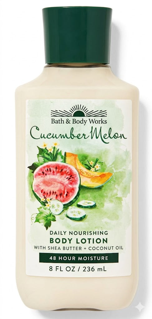 Bath & Body Works CUCUMBER MELON Daily Nourishing Body Lotion 8 oz single bottle featuring refreshing cucumber and juicy melon fragrance with Shea Butter and Coconut Oil on a pure white background