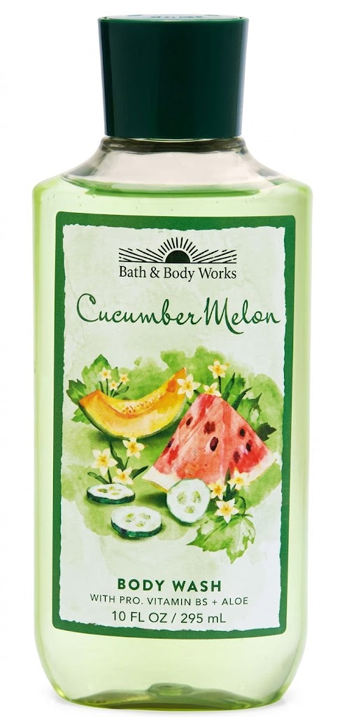Bath & Body Works CUCUMBER MELON Body Wash 10 oz single bottle featuring refreshing cucumber and juicy melon fragrance with Pro-Vitamin B5 and Aloe on a pure white background