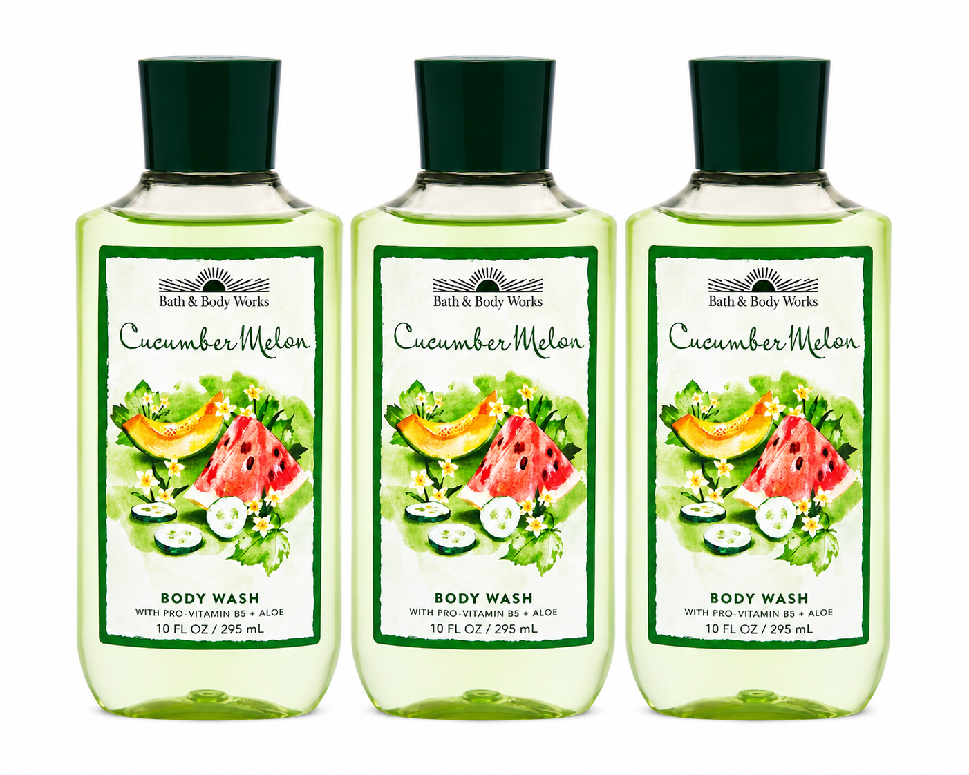 Bath & Body Works CUCUMBER MELON Body Wash 3-Pack 10 oz bottles featuring refreshing cucumber and sweet melon fragrance with Pro-Vitamin B5 and Aloe on a pure white background for gifting and everyday use