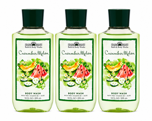 Bath & Body Works CUCUMBER MELON Body Wash 3-Pack 10 oz bottles featuring refreshing cucumber and sweet melon fragrance with Pro-Vitamin B5 and Aloe on a pure white background for gifting and everyday use