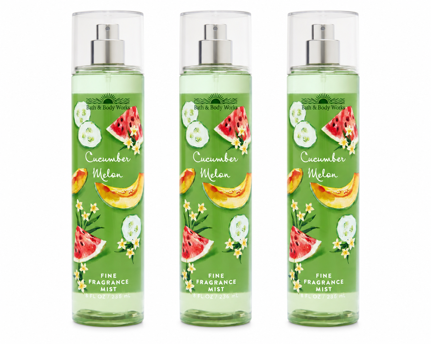 Bath & Body Works CUCUMBER MELON Fine Fragrance Mist 3-Pack 8 oz bottles featuring a refreshing blend of crisp cucumber and sweet melon fragrance on a pure white background for gifting and everyday wear