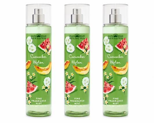 Bath & Body Works CUCUMBER MELON Fine Fragrance Mist 3-Pack 8 oz bottles featuring a refreshing blend of crisp cucumber and sweet melon fragrance on a pure white background for gifting and everyday wear