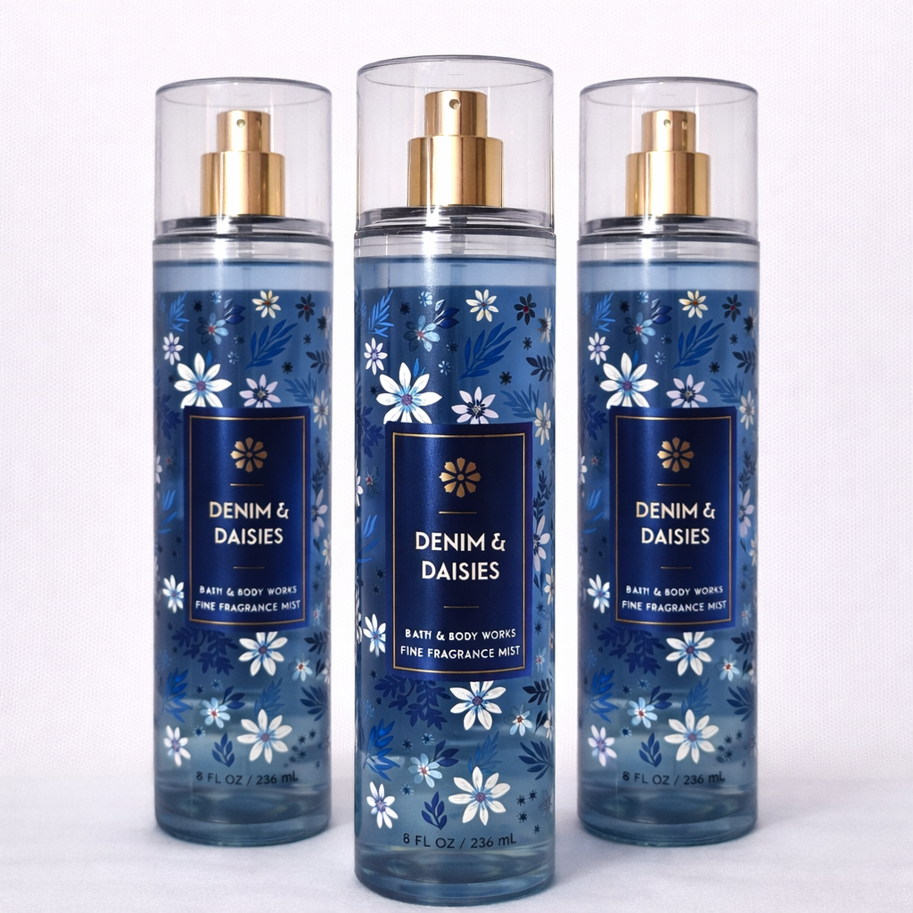 Bath & Body Works DENIM & DAISIES Fine Fragrance Mist 3-Pack, three 8 oz bottles with fresh clean floral fragrance