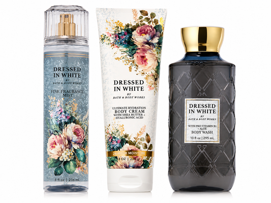 Bath & Body Works DRESSED IN WHITE 3 step bundle with fragrance mist body cream and body wash