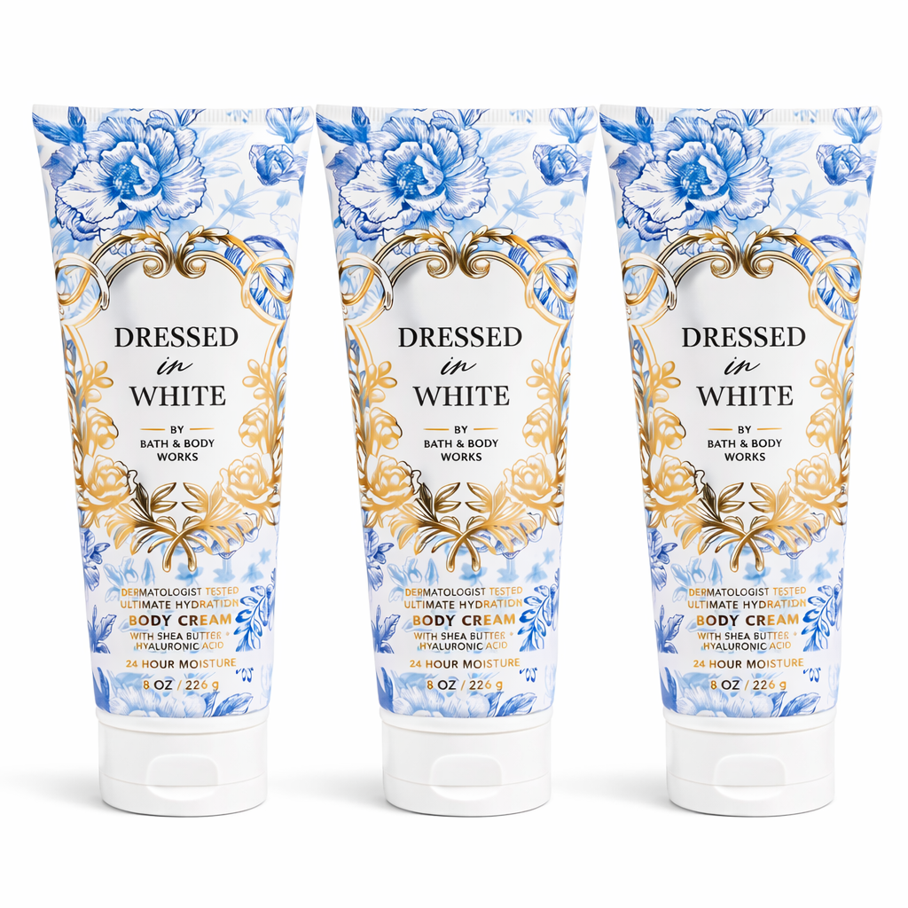 Bath and Body Works DRESSED IN WHITE body cream 3 pack 8 oz each floral fragrance body lotion bundle shea butter cocoa butter MWG