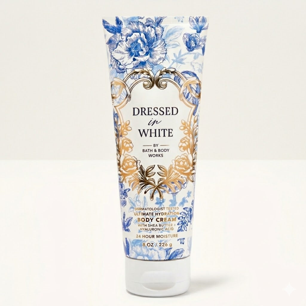Bath and Body Works DRESSED IN WHITE body cream 8 oz single tube floral scent shea butter cocoa butter daily moisturizer MWG