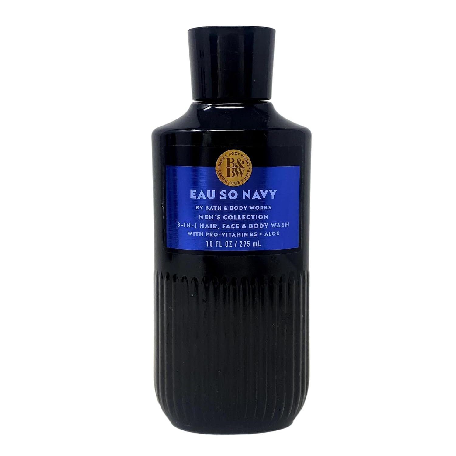 A bottle of My Bath & Body Works Eau So Navy Men's Collection 3-in-1 Hair, Face & Body Wash. The product is in a dark navy blue ribbed bottle with a matching dark cap and a blue label featuring a gold crest.