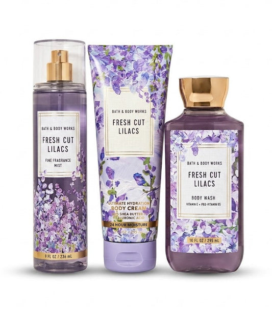 Bath & Body Works Fresh Cut Lilacs 3 step body care set including fine fragrance mist 8 oz body cream and body wash floral scent bundle gift set