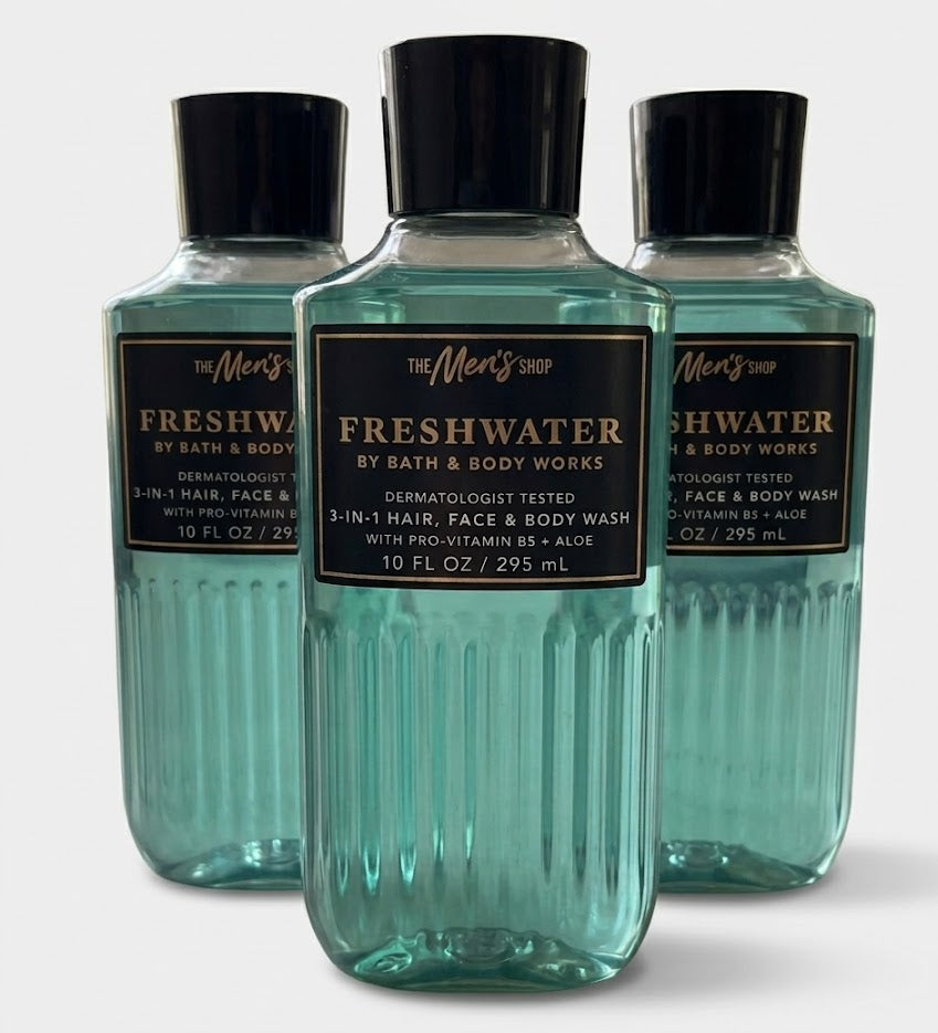 Bath & Body Works FRESHWATER 3-in-1 Hair Face and Body Wash 3-Pack 10 oz bottles arranged in MWG style with one bottle in front and two slightly behind featuring Italian bergamot, mountain spring water and oakmoss fragrance on a pure white background for gifting and everyday grooming