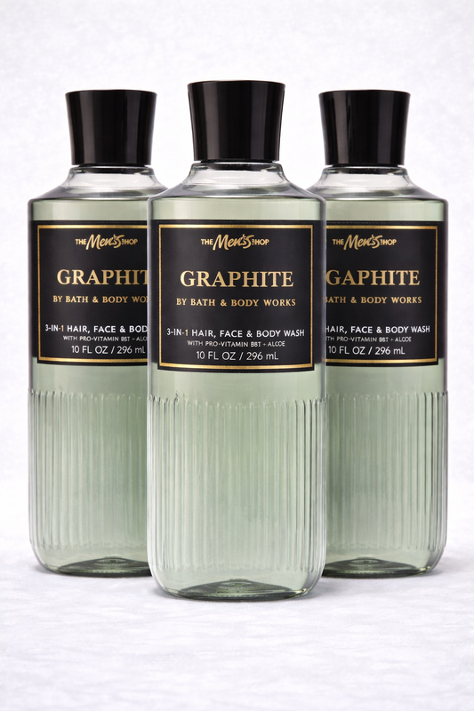 Bath and Body Works GRAPHITE mens 3 in 1 hair face and body wash 3 pack 10 oz bottles masculine fragrance shower gel clean fresh scent men grooming bundle