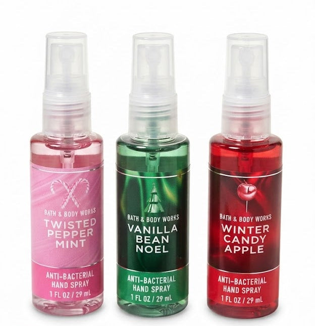 Bath & Body Works holiday antibacterial hand sprays in Twisted Peppermint, Vanilla Bean Noel and Winter Candy Apple