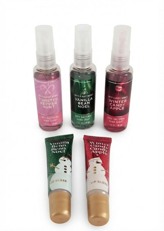 Bath & Body Works 5-piece holiday bundle with three antibacterial hand sprays and two lip glosses