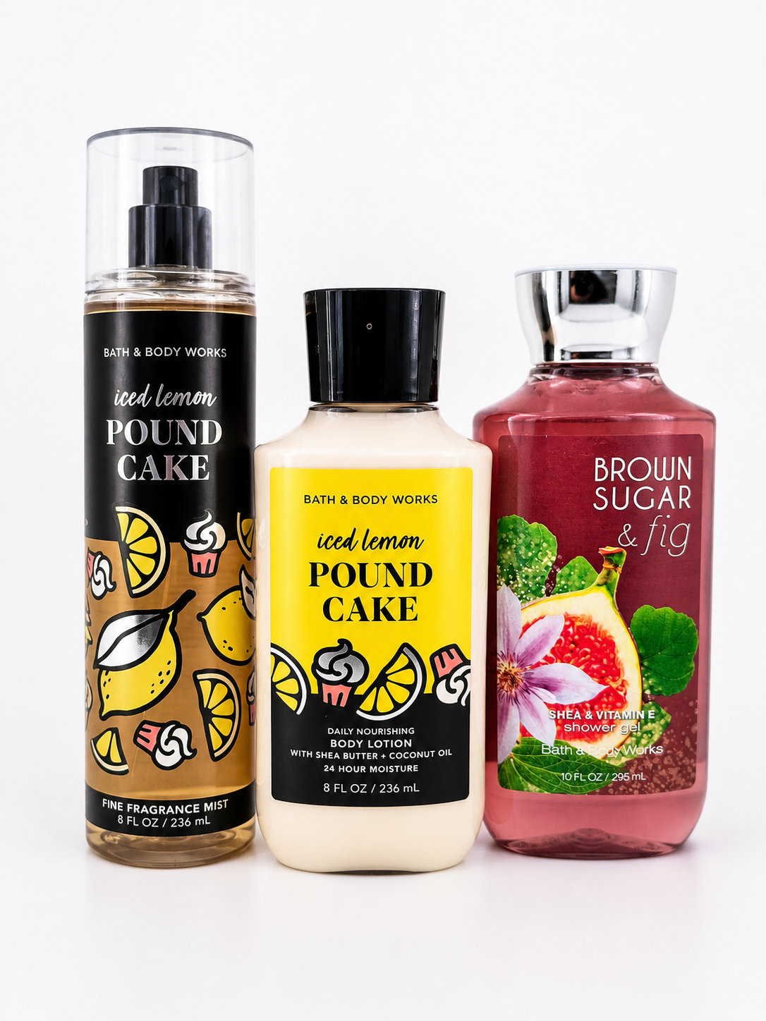 Bath & Body Works ICED LEMON POUND CAKE and BROWN SUGAR & FIG 3 step bundle with fragrance mist lotion and body wash